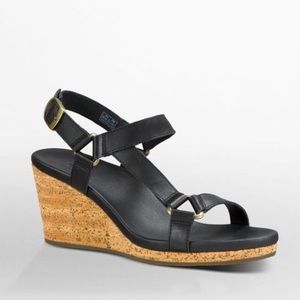Teva Black Leather Cork Wedge Sandals